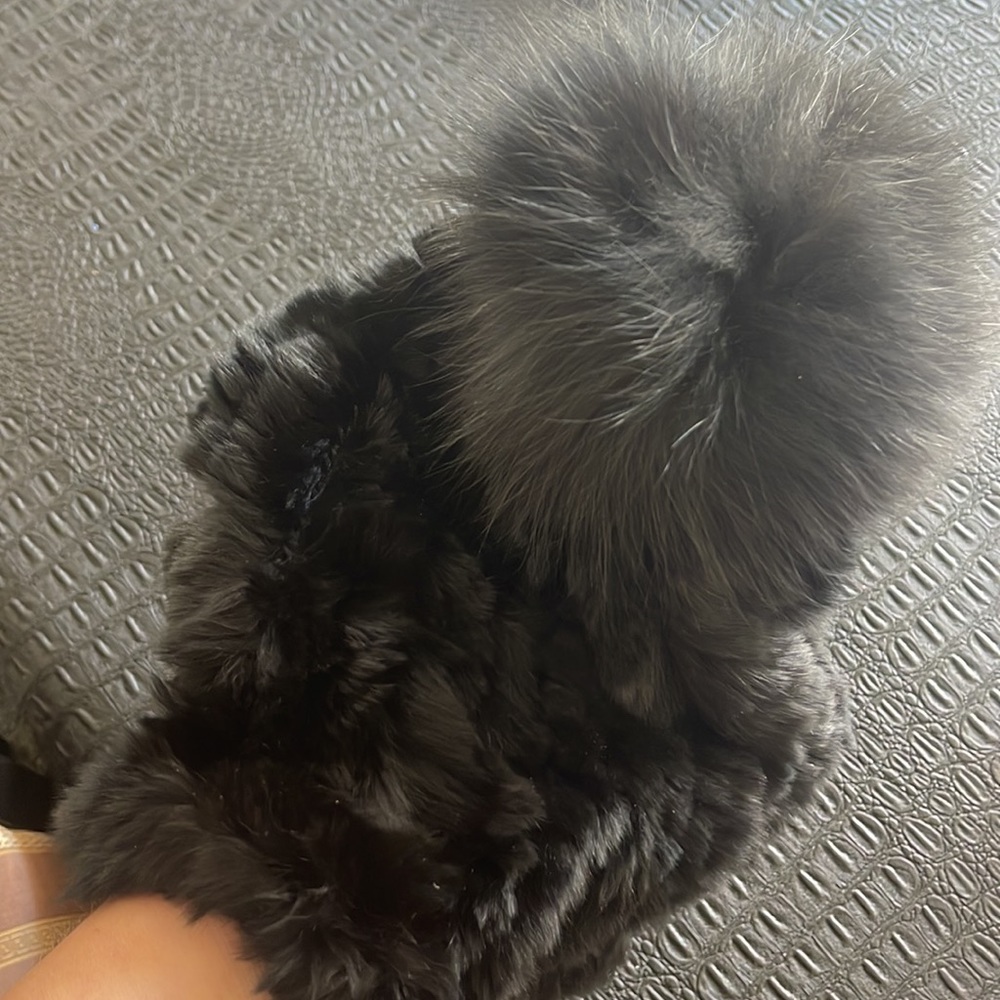 Surell Black Beanie Rabbit Fur Hat with Fox Pom Pom